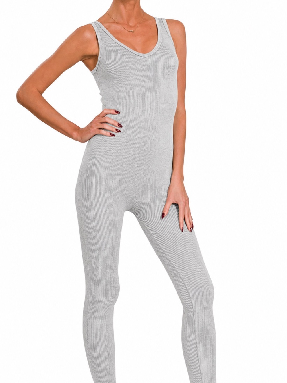 Zenana Outfitters Ribbed V‑Neck Sleeveless Jumpsuit - Gray